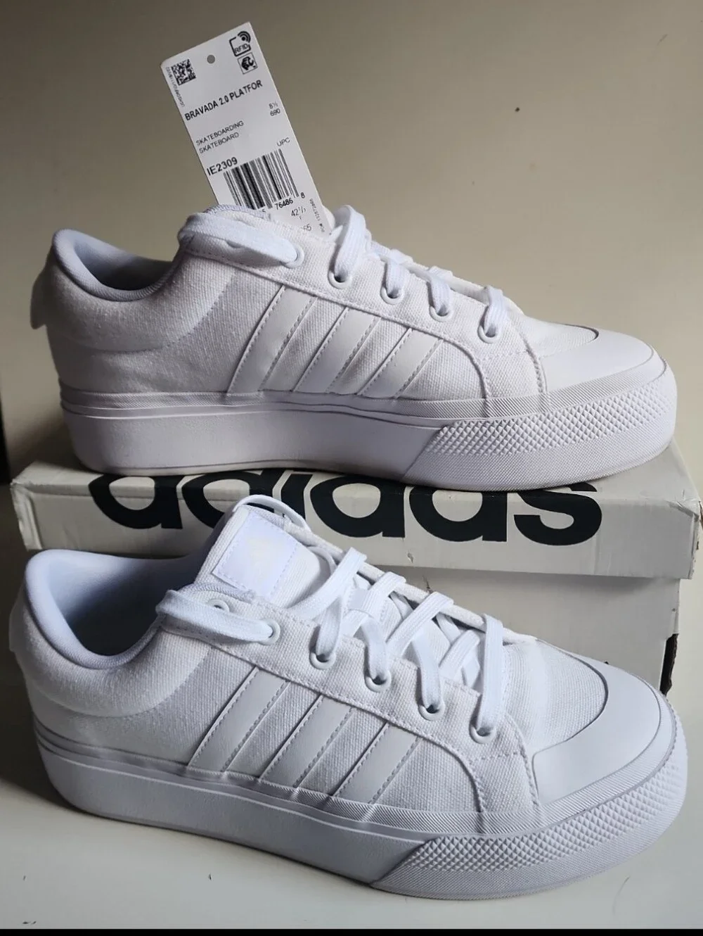 Adidas Bravada 2.0 White Platform Skateboarding Shoes, Athletic Sneakers 10